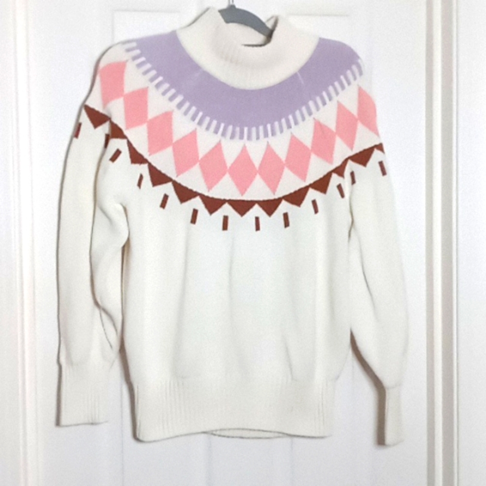 Women's Cream Turtleneck Sweater with Pink and Purple Accents